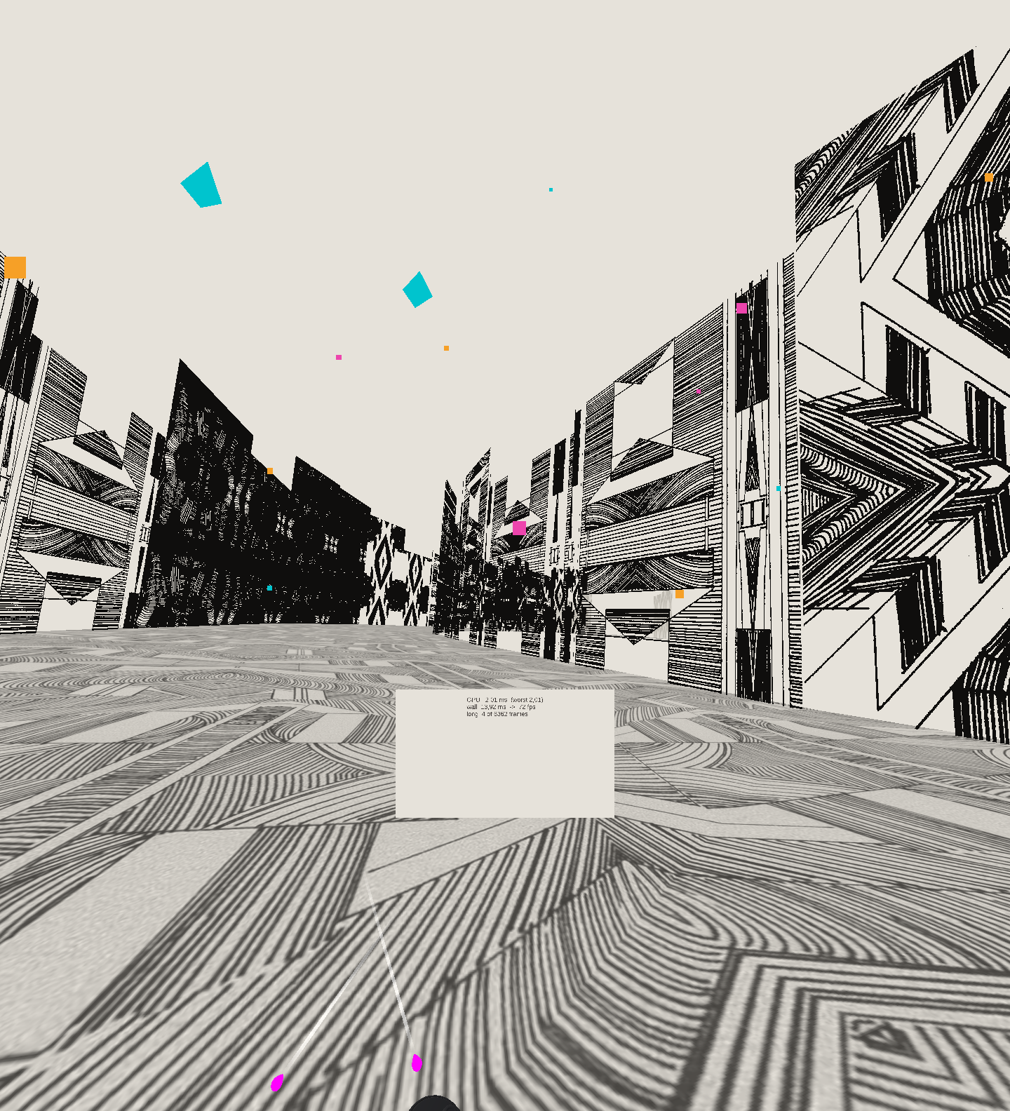 Headset-mirror view of an ink-hatched canyon corridor under a bright sky, seen from inside the VR work mode