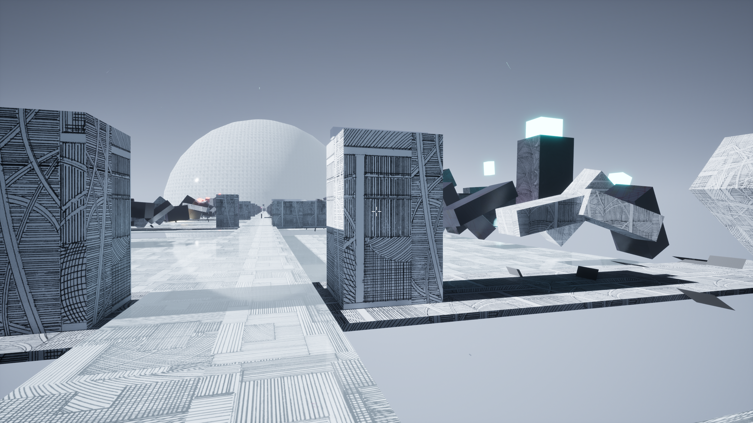 A geodesic dome and glowing cyan blocks scattered across an ink-hatched plaza under a dusk sky