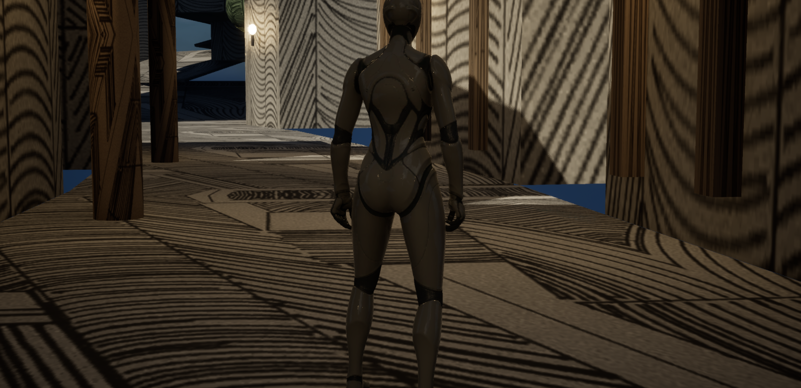 A hatched, ink-line character standing in a wood-paneled corridor lit by a single warm sconce