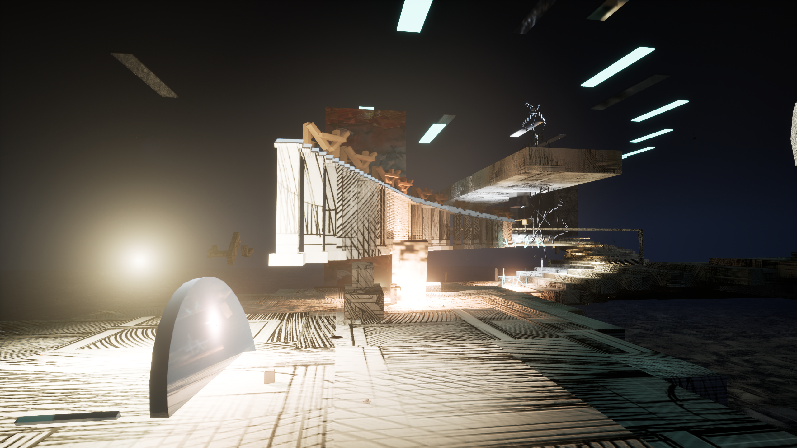 In-engine view of a sketched, ink-hatched corridor with a glass dome catching warm light against a cool night sky